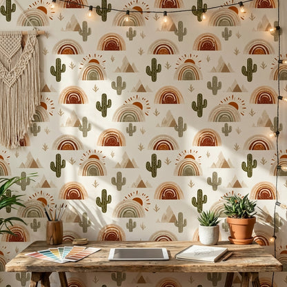 Desert Wallpaper Cactus Removable Rainbow Wall Mural