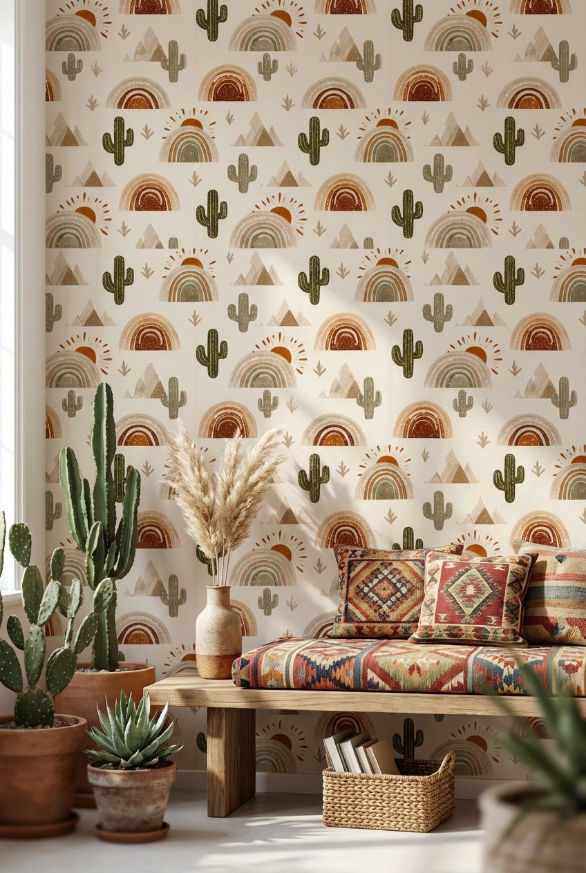 Desert Wallpaper Cactus Removable Rainbow Wall Mural