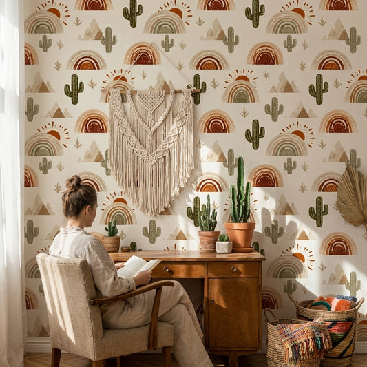 Desert Wallpaper Cactus Removable Rainbow Wall Mural