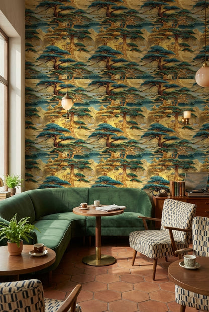 Oriental Landscape Wallpaper Vintage Golden Look  Wall Mural