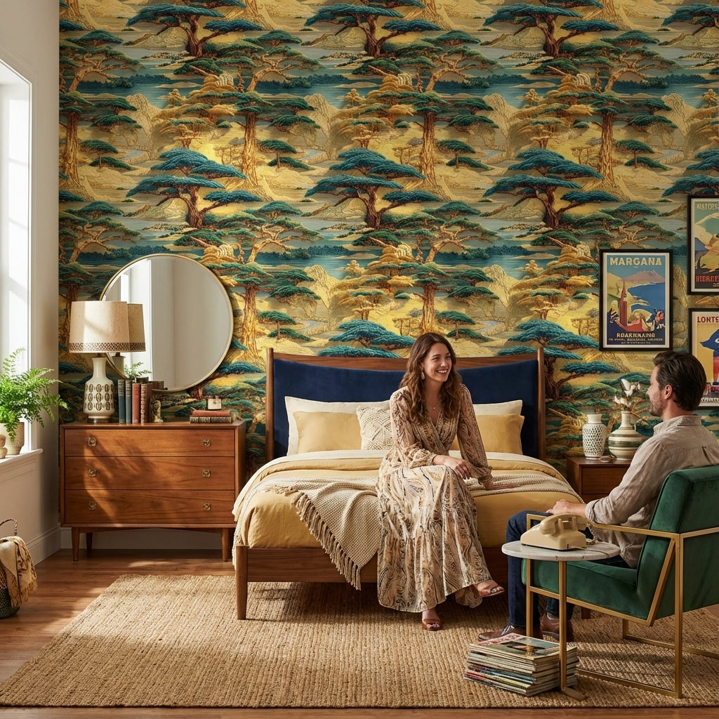 Oriental Landscape Wallpaper Vintage Golden Look  Wall Mural