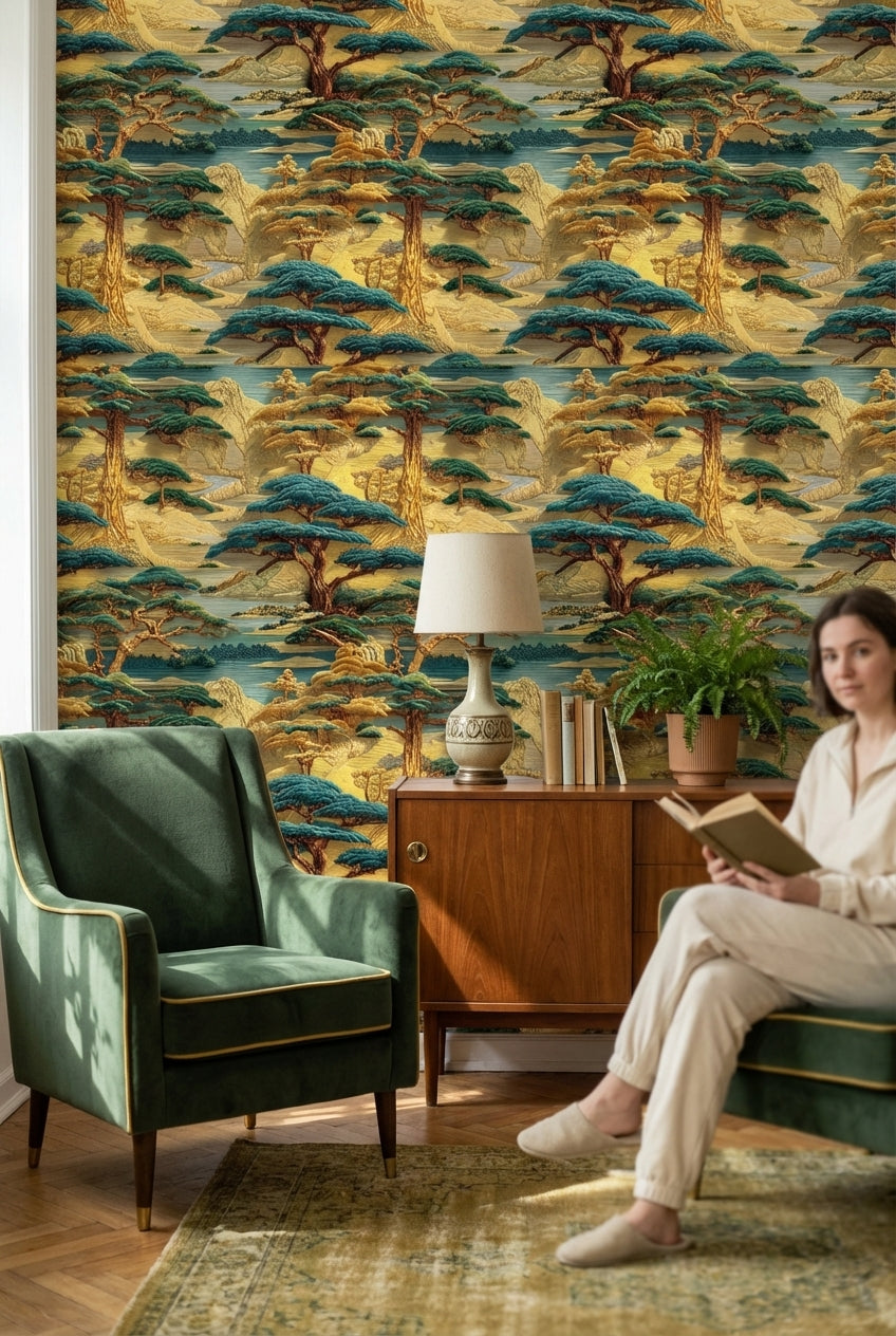 Oriental Landscape Wallpaper Vintage Golden Look  Wall Mural