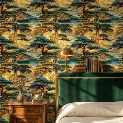 Oriental Landscape Wallpaper Vintage Golden Look  Wall Mural