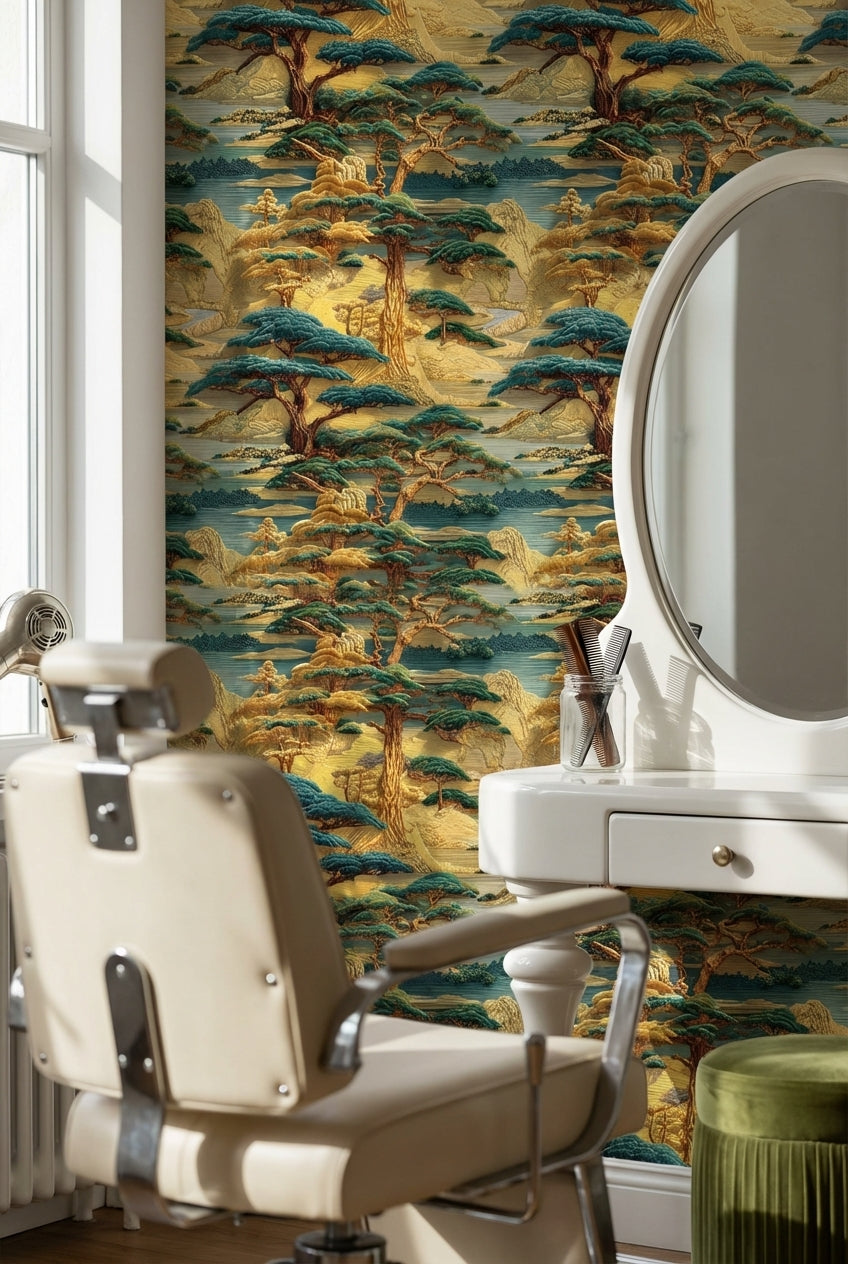 Oriental Landscape Wallpaper Vintage Golden Look  Wall Mural