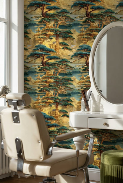 Oriental Landscape Wallpaper Vintage Golden Look  Wall Mural