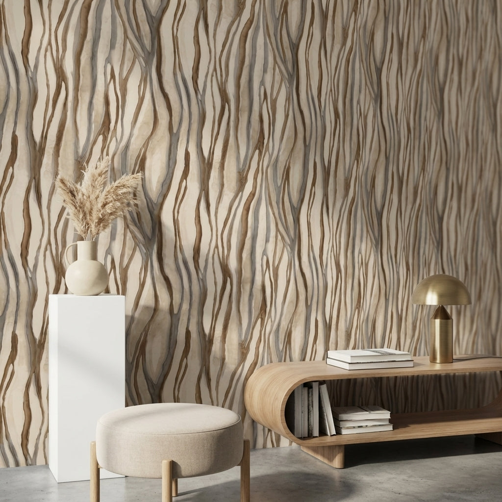 Beige and Brown Abstract Stripe Pattern Wallpaper