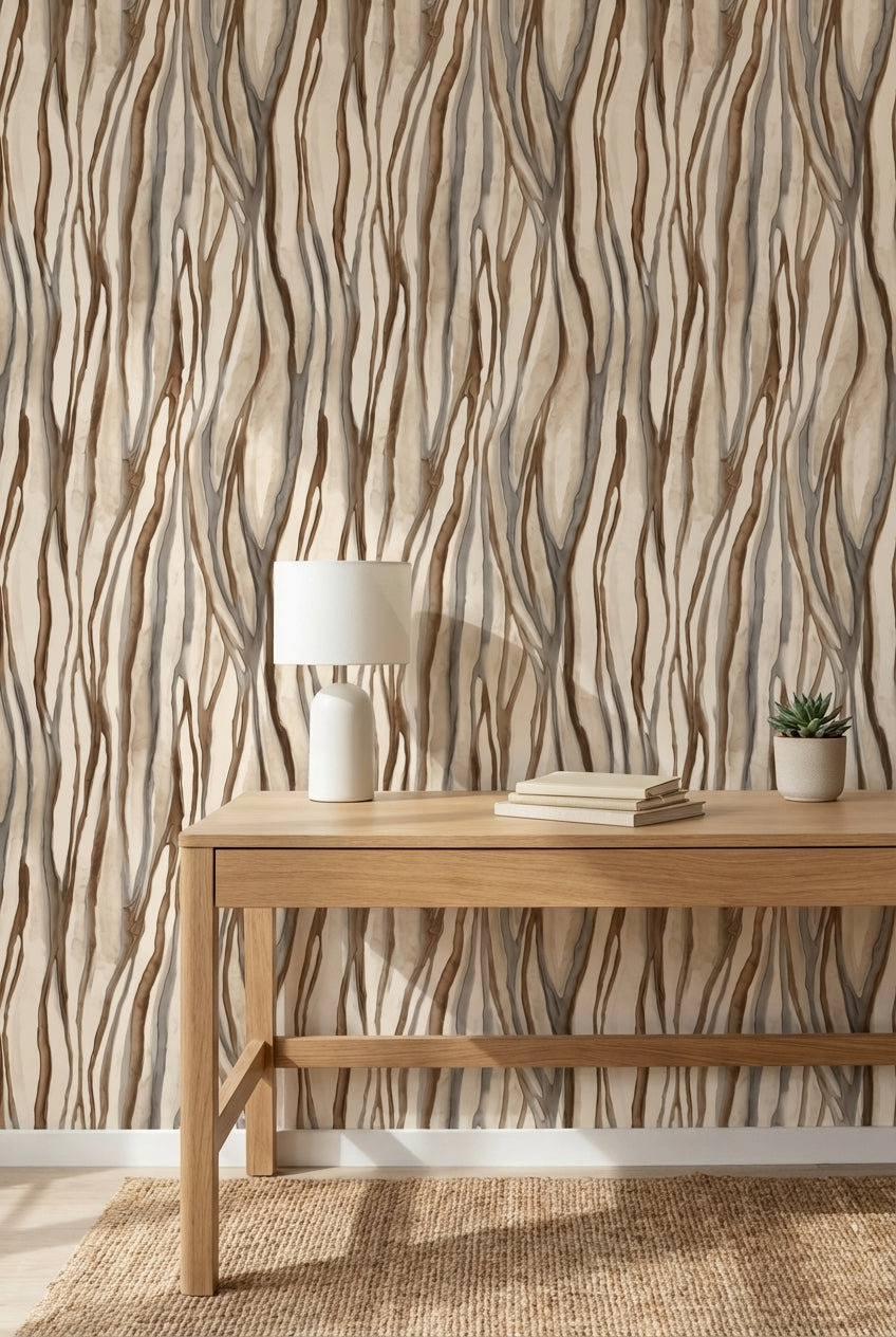 Beige and Brown Abstract Stripe Pattern Wallpaper