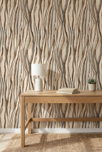 Beige and Brown Abstract Stripe Pattern Wallpaper
