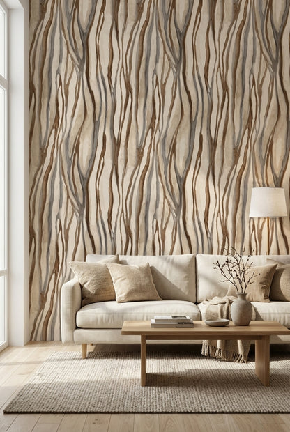 Beige and Brown Abstract Stripe Pattern Wallpaper