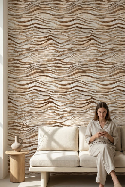 Beige and Brown Wave Abstract Wallpaper