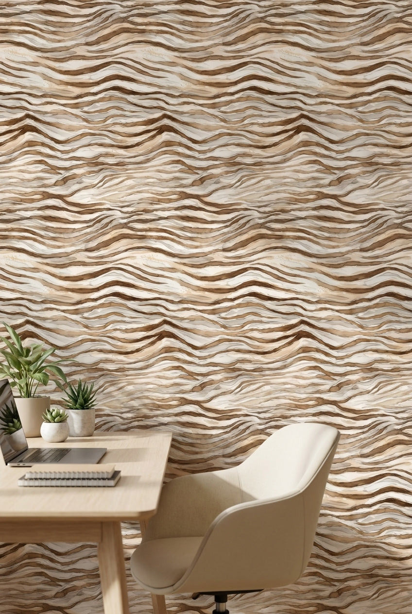Beige and Brown Wave Abstract Wallpaper
