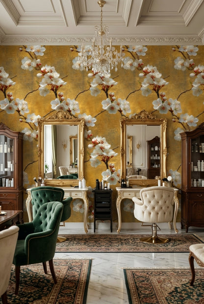 Floral Wallpaper Golden Look  Removable Blossoms Wall Mural