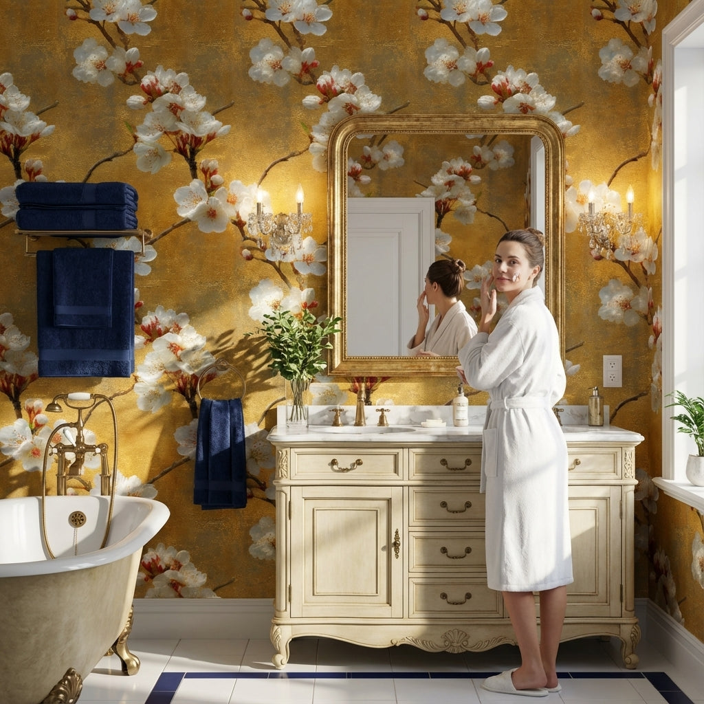 Floral Wallpaper Golden Look  Removable Blossoms Wall Mural