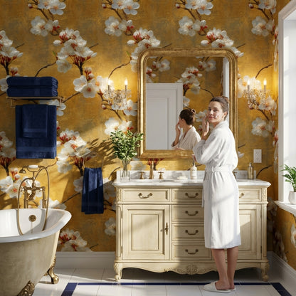 Floral Wallpaper Golden Look  Removable Blossoms Wall Mural