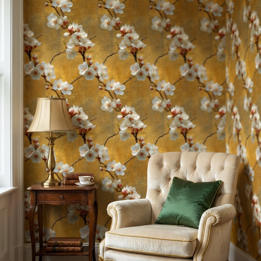 Floral Wallpaper Golden Look  Removable Blossoms Wall Mural