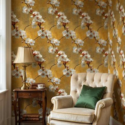 Floral Wallpaper Golden Look  Removable Blossoms Wall Mural