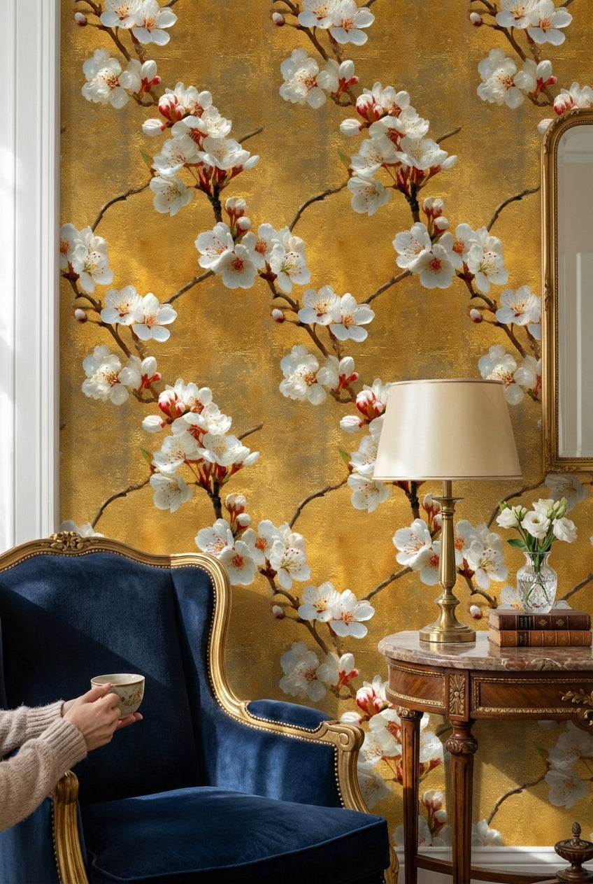 Floral Wallpaper Golden Look  Removable Blossoms Wall Mural