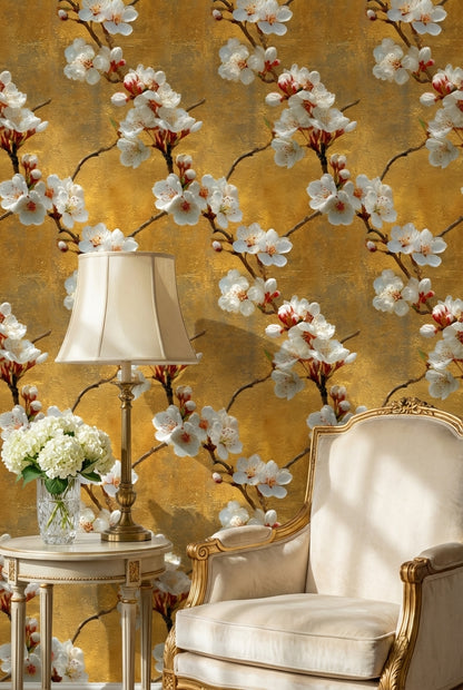 Floral Wallpaper Golden Look  Removable Blossoms Wall Mural