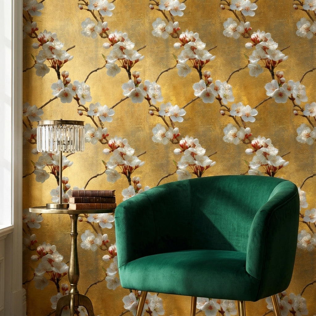 Floral Wallpaper Golden Look  Removable Blossoms Wall Mural