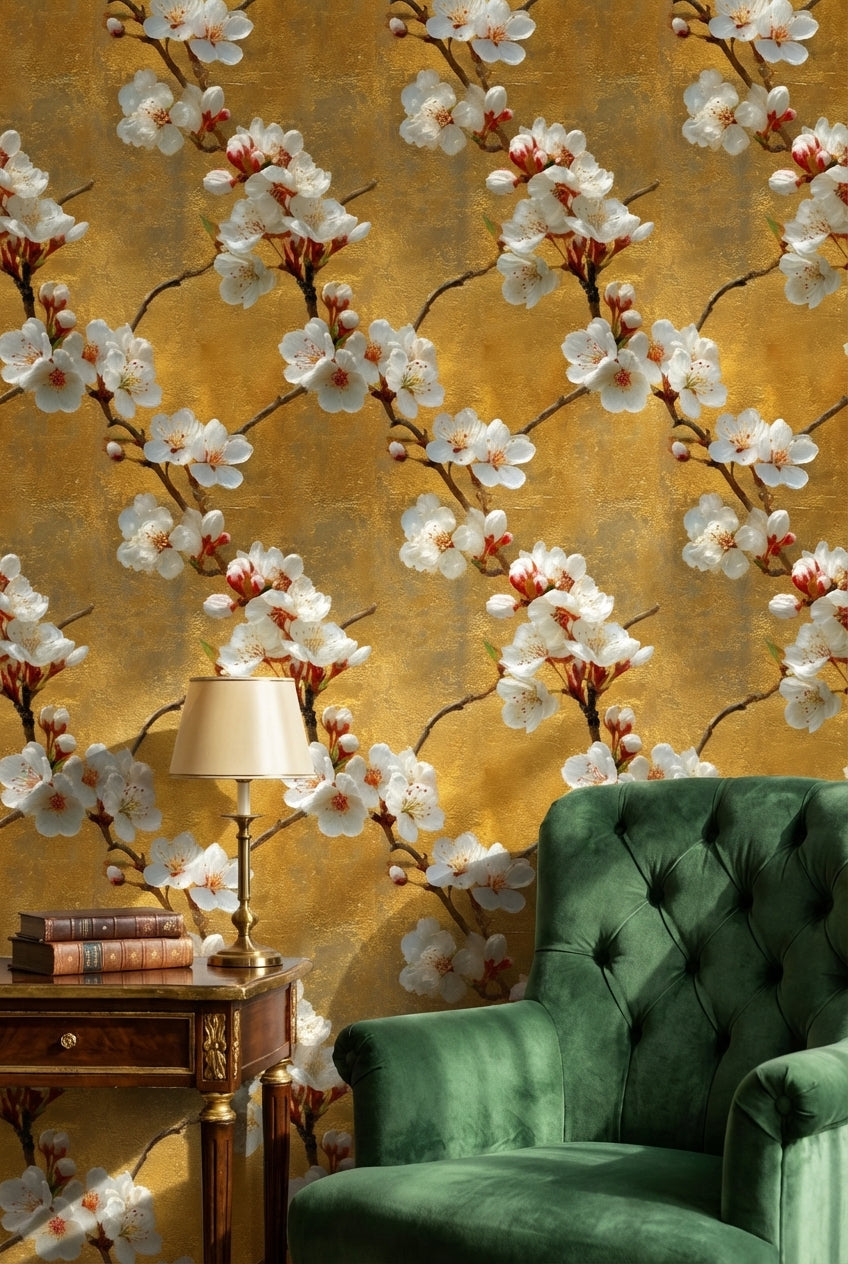 Floral Wallpaper Golden Look  Removable Blossoms Wall Mural