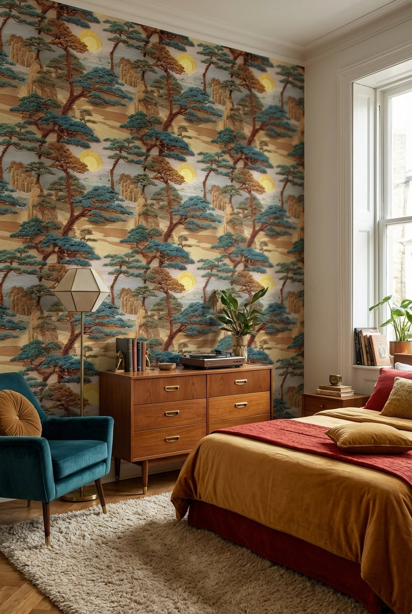 East Asian Landscape Wallpaper Trees Sun Wall Mural