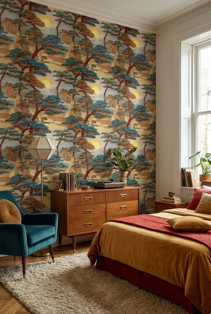 East Asian Landscape Wallpaper Trees Sun Wall Mural