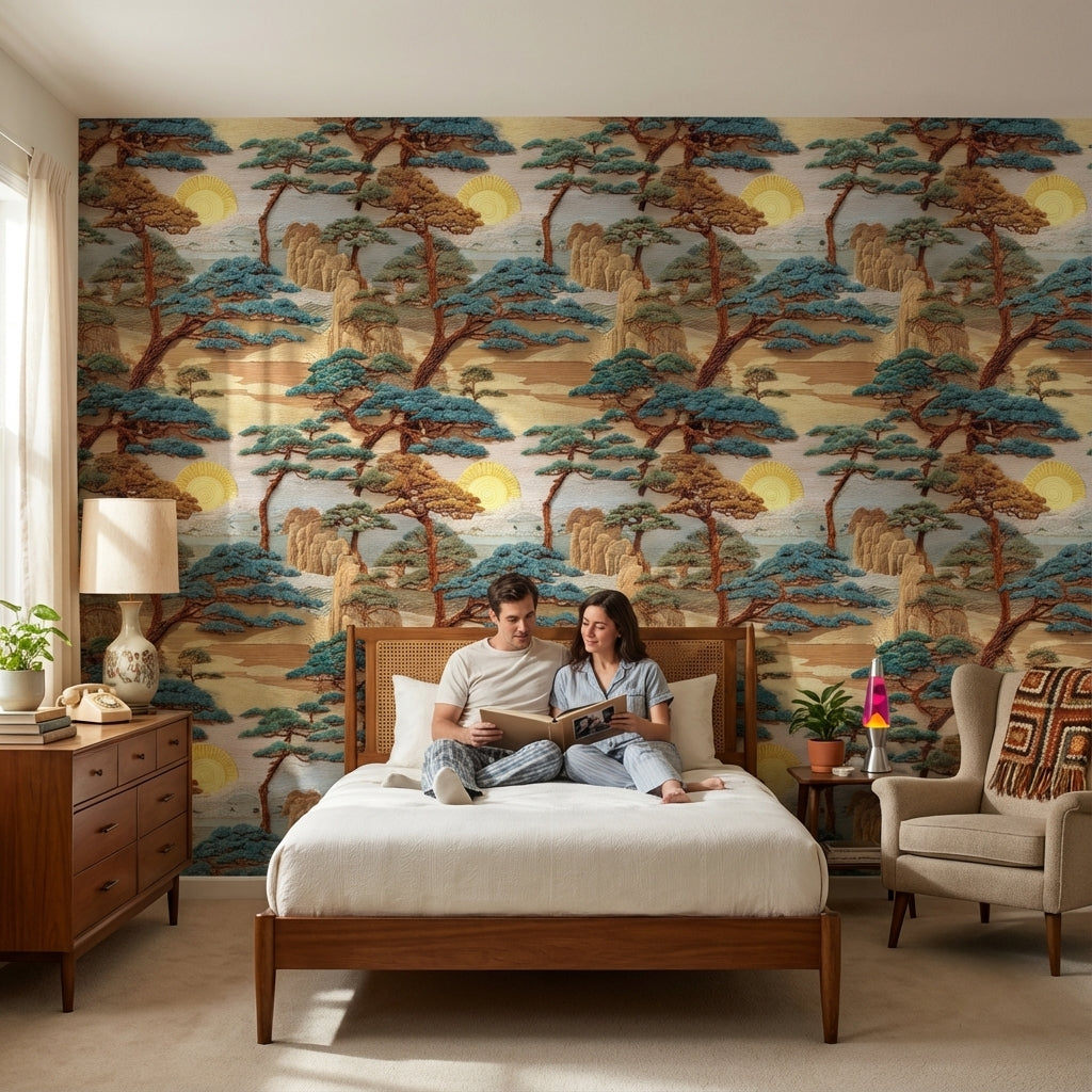 East Asian Landscape Wallpaper Trees Sun Wall Mural