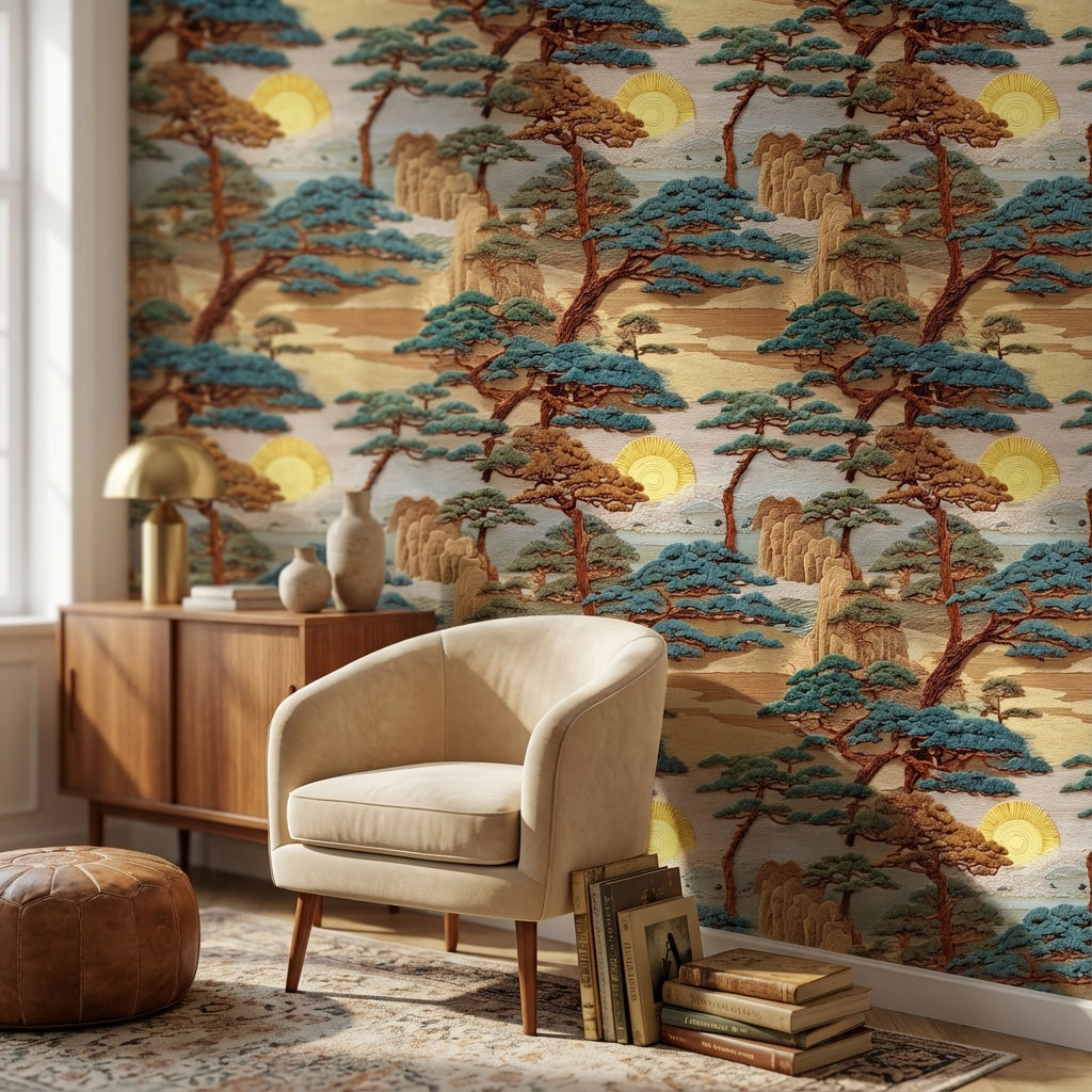 East Asian Landscape Wallpaper Trees Sun Wall Mural