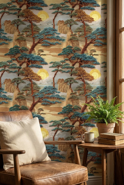 East Asian Landscape Wallpaper Trees Sun Wall Mural
