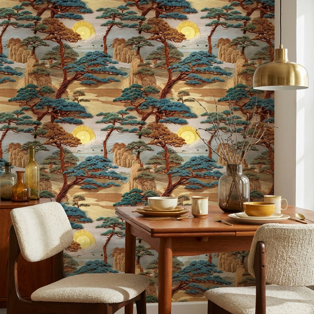 East Asian Landscape Wallpaper Trees Sun Wall Mural