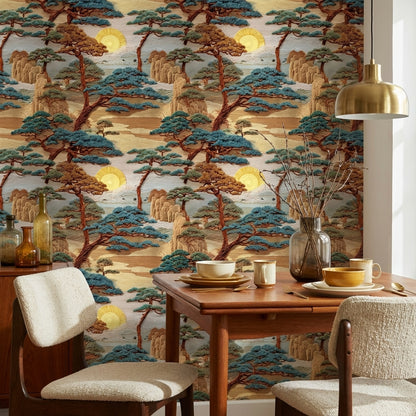 East Asian Landscape Wallpaper Trees Sun Wall Mural