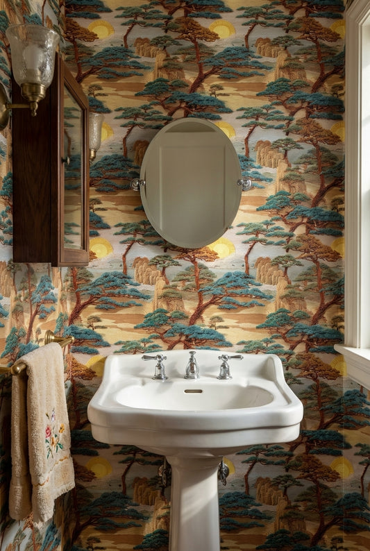 East Asian Landscape Wallpaper Trees Sun Wall Mural