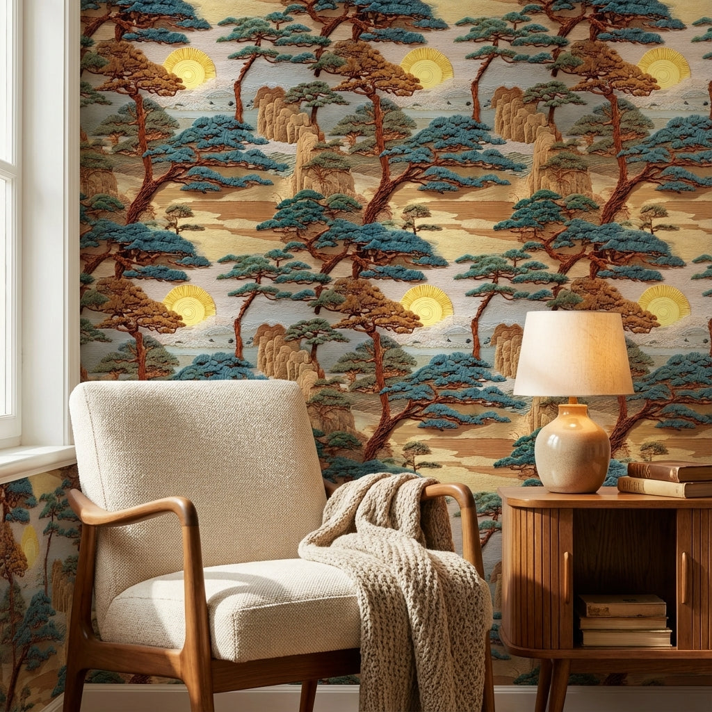 East Asian Landscape Wallpaper Trees Sun Wall Mural