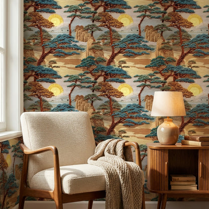 East Asian Landscape Wallpaper Trees Sun Wall Mural