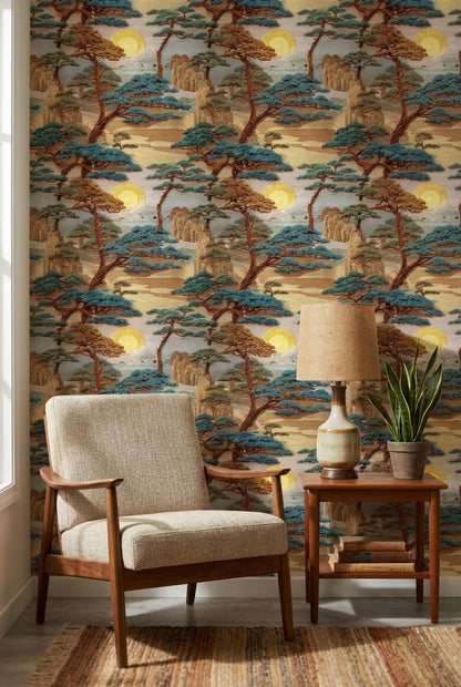 East Asian Landscape Wallpaper Trees Sun Wall Mural