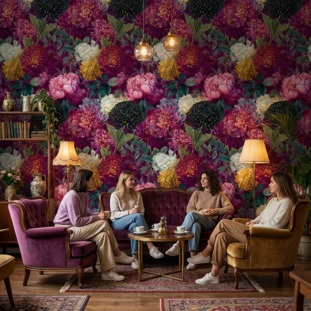 Purple Background Wallpaper Vintage Floral Mural
