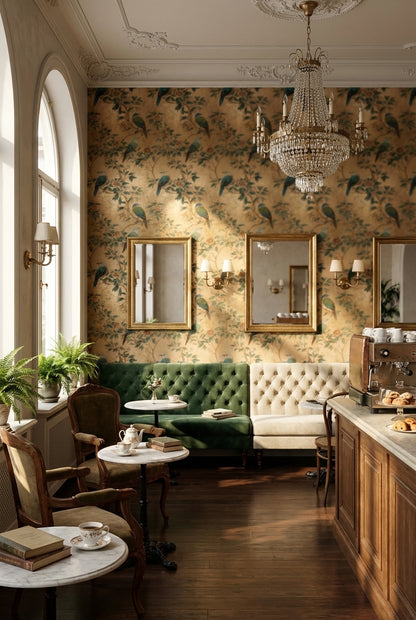Floral Wallpaper Birds Golden Look  Decorative Mural