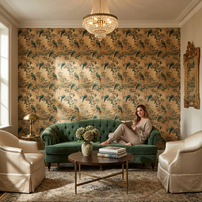 Floral Wallpaper Birds Golden Look  Decorative Mural