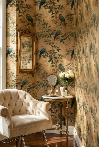Floral Wallpaper Birds Golden Look  Decorative Mural