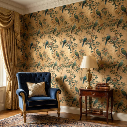 Floral Wallpaper Birds Golden Look  Decorative Mural