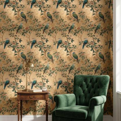 Floral Wallpaper Birds Golden Look  Decorative Mural