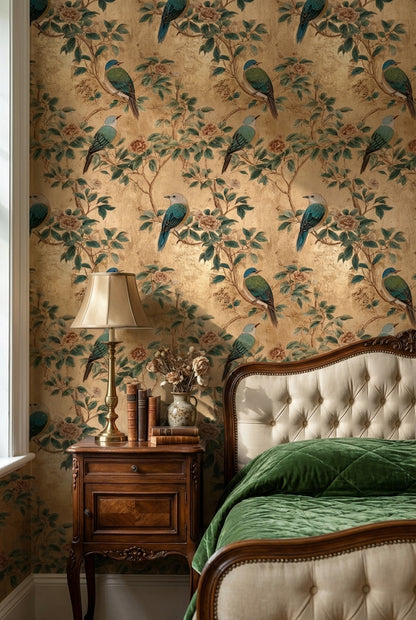 Floral Wallpaper Birds Golden Look  Decorative Mural