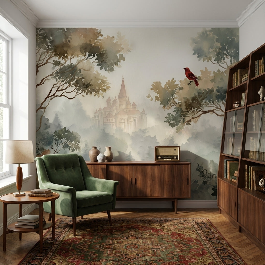 Castle Landscape Wallpaper Misty Bird Wall Mural
