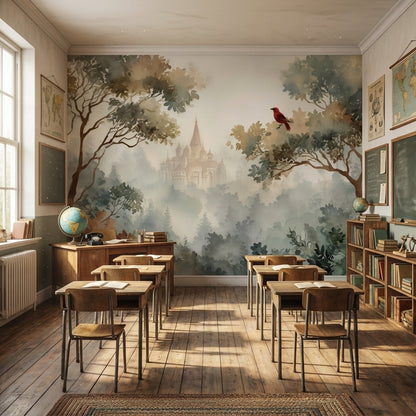 Castle Landscape Wallpaper Misty Bird Wall Mural