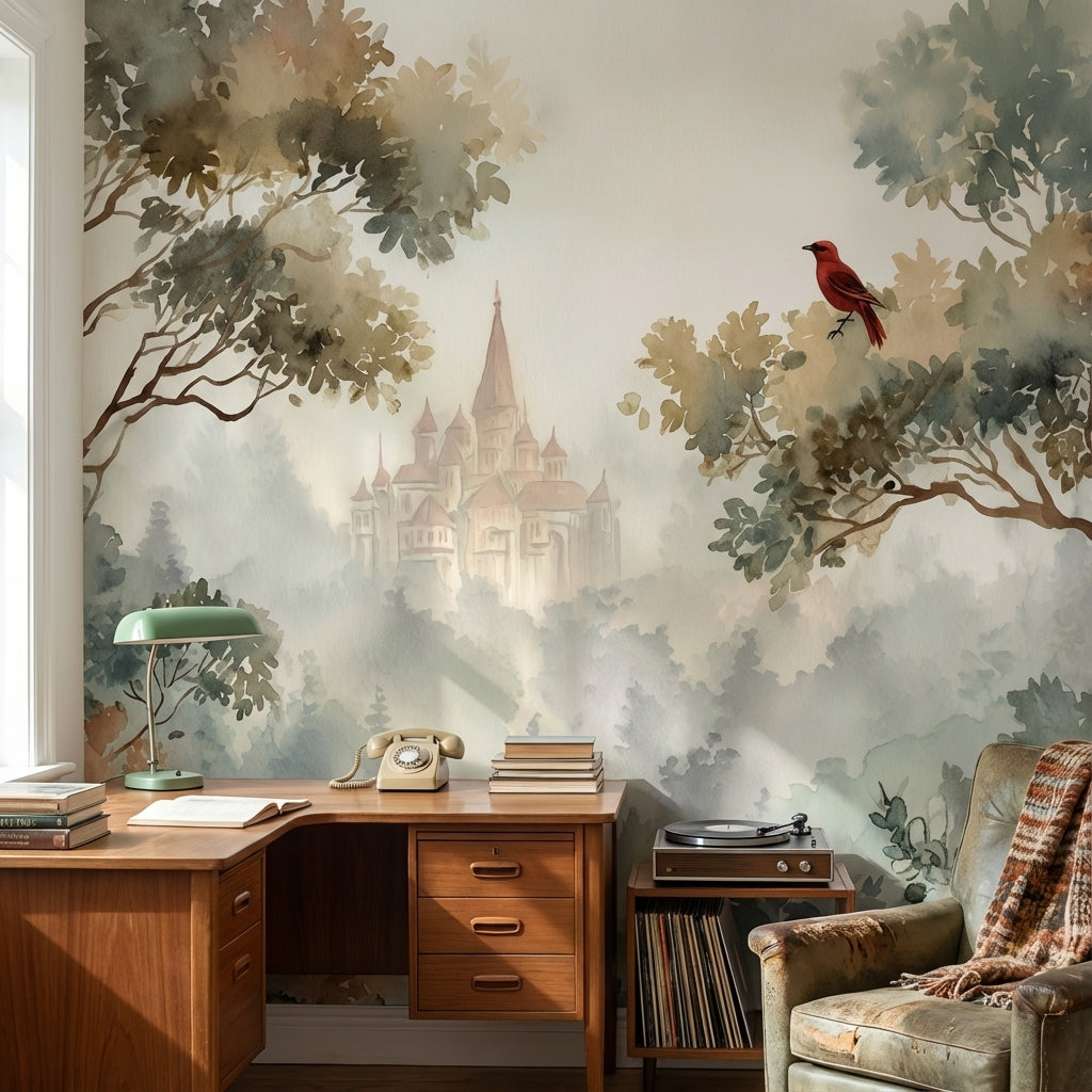 Castle Landscape Wallpaper Misty Bird Wall Mural