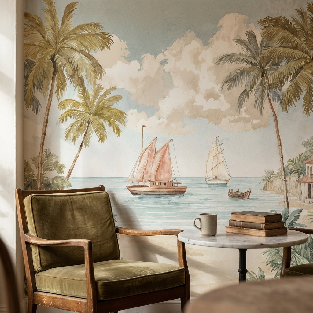 Tropical Vintage Wallpaper Palm Trees Serene Wall Mural