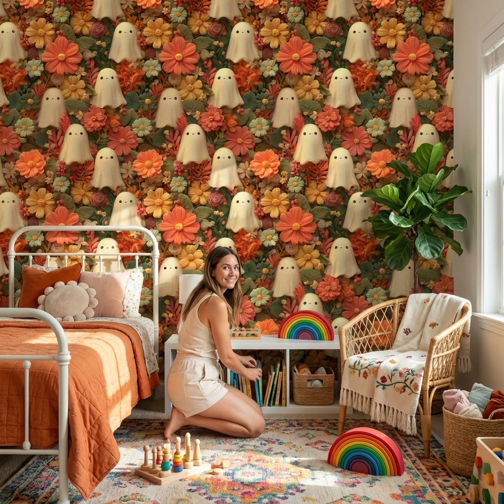 Ghosts Wallpaper Flowers Whimsical Decorative Mural