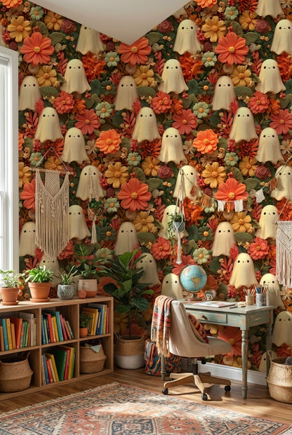 Ghosts Wallpaper Flowers Whimsical Decorative Mural