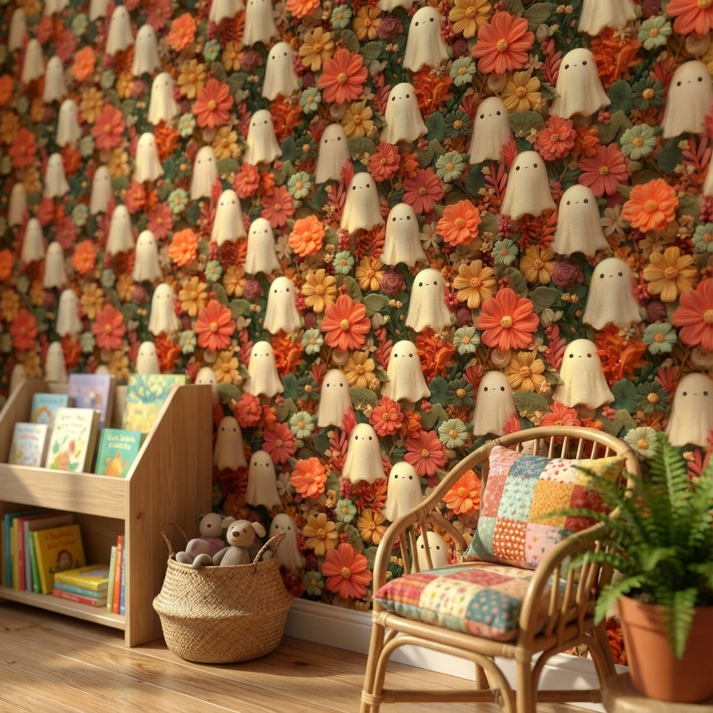 Ghosts Wallpaper Flowers Whimsical Decorative Mural
