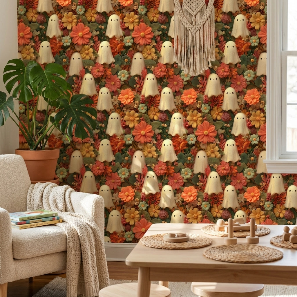 Ghosts Wallpaper Flowers Whimsical Decorative Mural